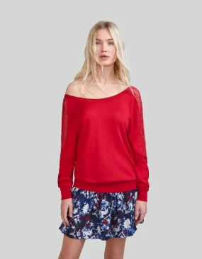 Cardigan rouge tricot guipure manches Femme