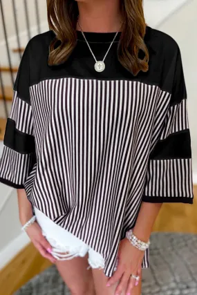 Haut oversize à manches 3/4 en patchwork rayé noir et blanc