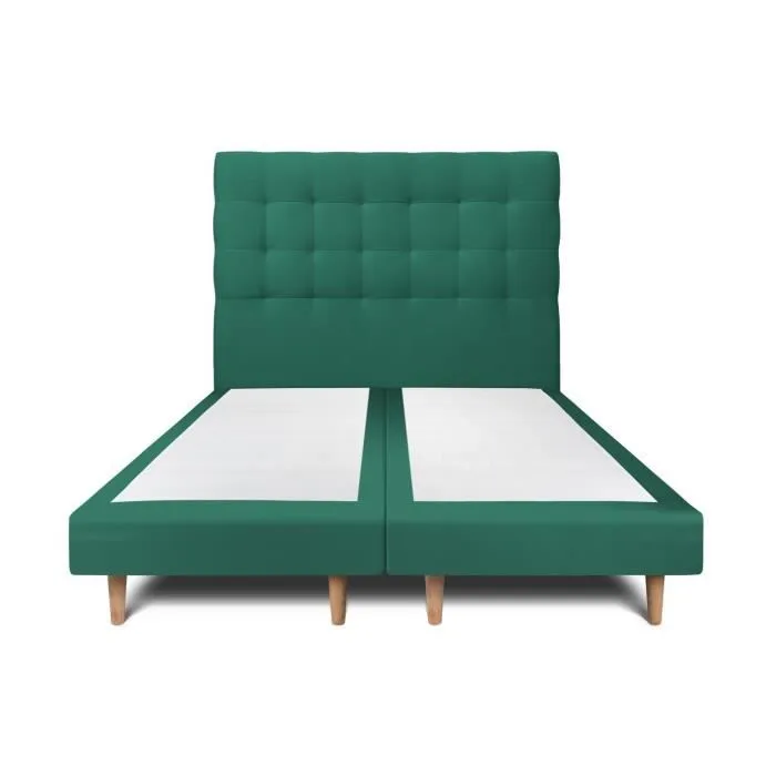 Lit 160x200cm - Marque - Tête de lit capitonnée velours - Double sommier tapissier vert