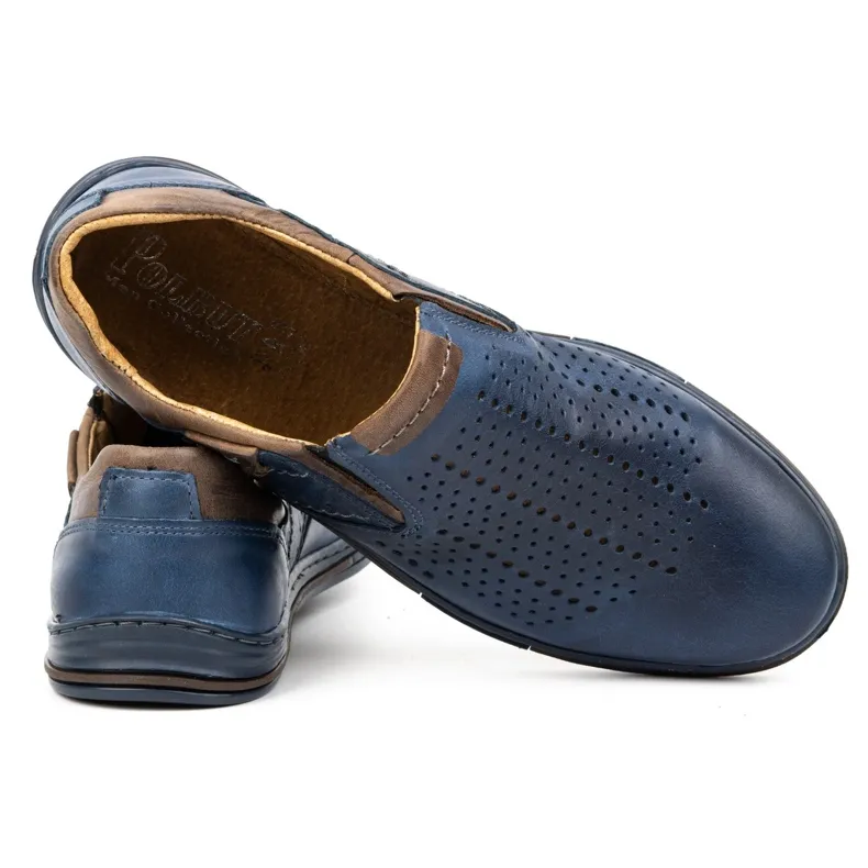 Polbut Chaussures homme été cuir 401L bleu marine avec marron