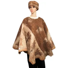 Poncho rond - réversible - tons brun-crème-fauve - 100% alpaga naturel