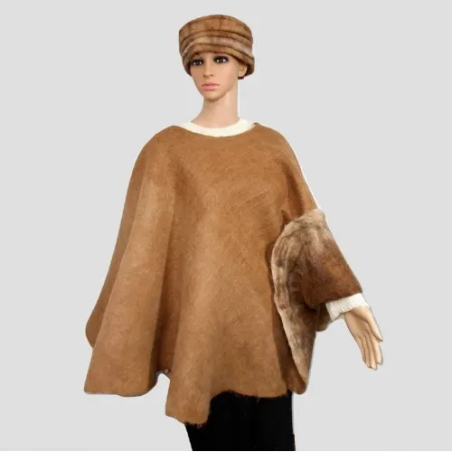 Poncho rond - réversible - tons brun-crème-fauve - 100% alpaga naturel