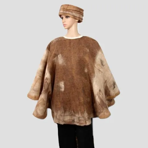 Poncho rond - réversible - tons brun-crème-fauve - 100% alpaga naturel