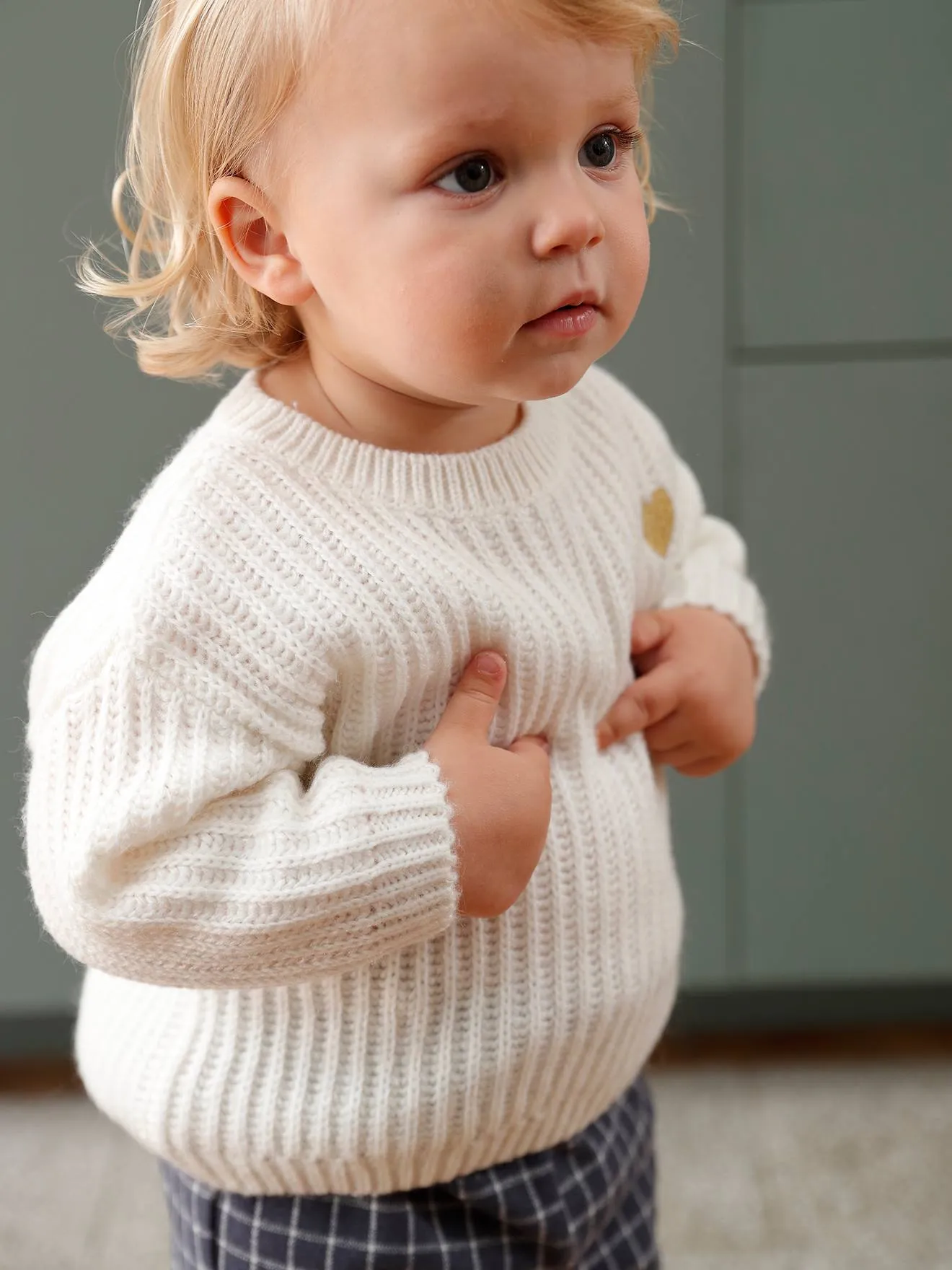 Pull tricot bébé coeur doré ivoire - Vertbaudet