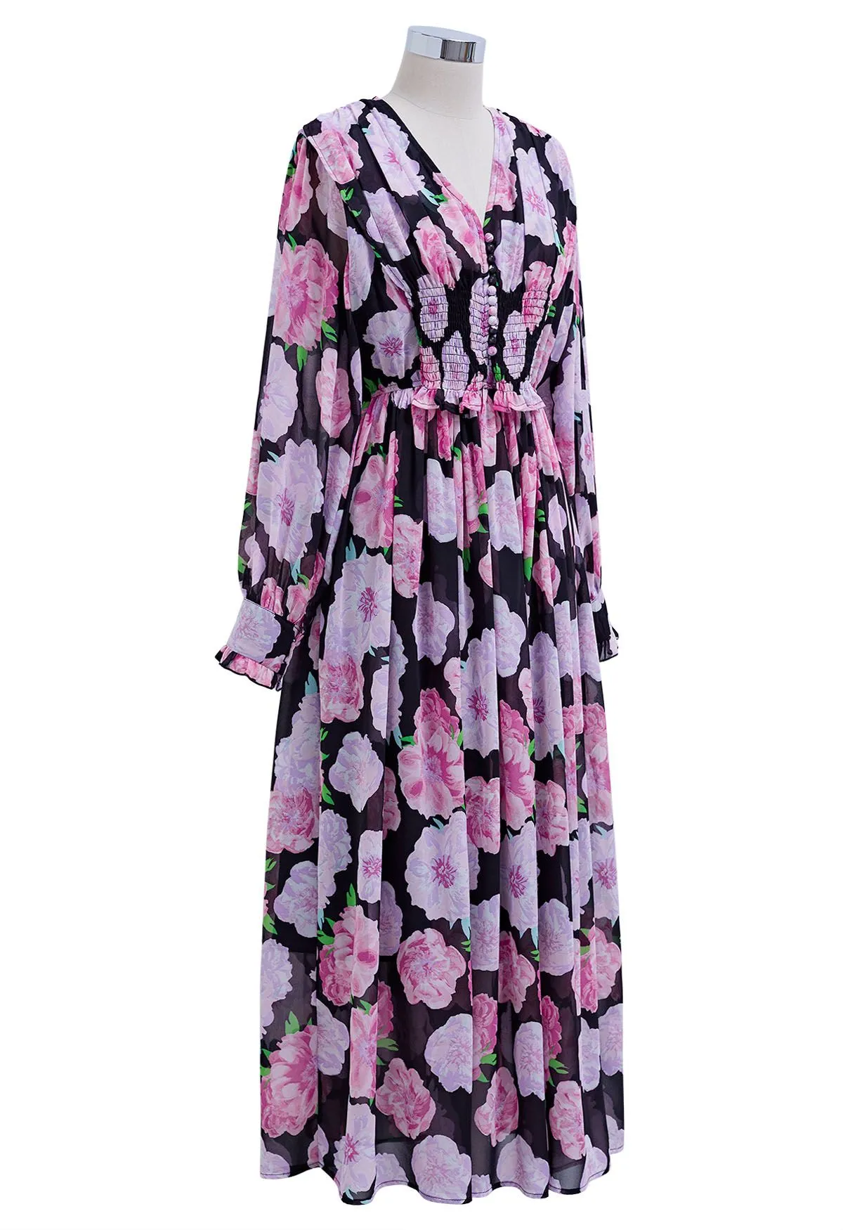 Robe longue froncée à fleurs délicates en noir