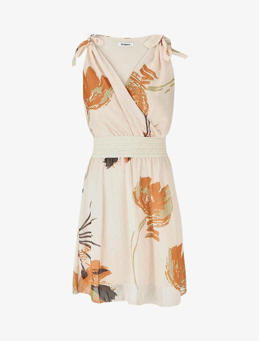 Robe mi-longue sans manches imprimé fleurs abstraites - Beige