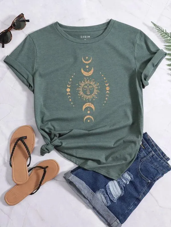 SHEIN LUNE T-shirt à imprimé soleil et lune